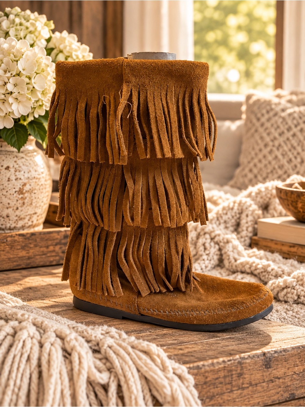 Minnetonka 1632 Brown Suede 3 Layer Fringe Moccasin Boots Boho Western - Picture 5 of 12